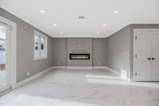 unfurnished living room featuring ornamental molding