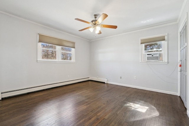 spare room with cooling unit, wood-type flooring, crown molding, baseboards, and baseboard heating