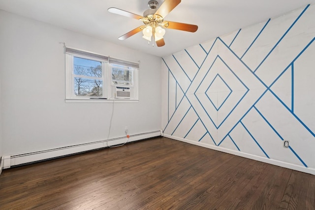 spare room with cooling unit, a ceiling fan, a baseboard heating unit, and dark wood-type flooring