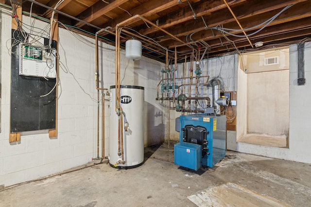 utilities with visible vents, a heating unit, and water heater