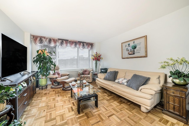 living room featuring light parquet floors