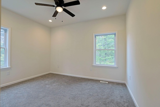 spare room featuring carpet flooring, a wealth of natural light, and ceiling fan