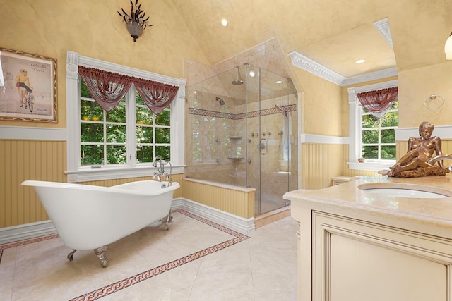 bathroom featuring vanity, lofted ceiling, plus walk in shower, tile patterned flooring, and radiator heating unit