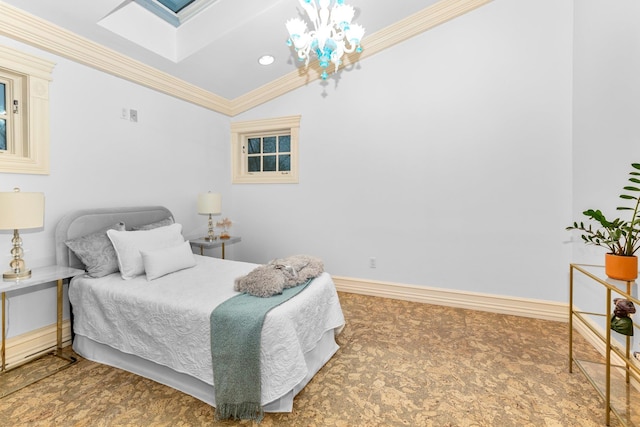 carpeted bedroom with vaulted ceiling and crown molding