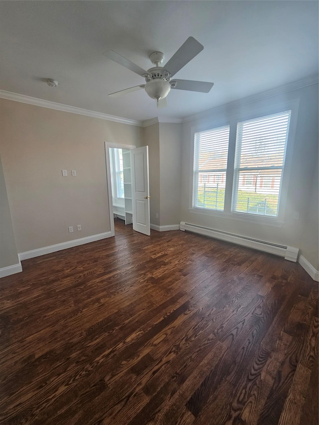 spare room with ceiling fan, a baseboard radiator, dark hardwood / wood-style floors, and ornamental molding