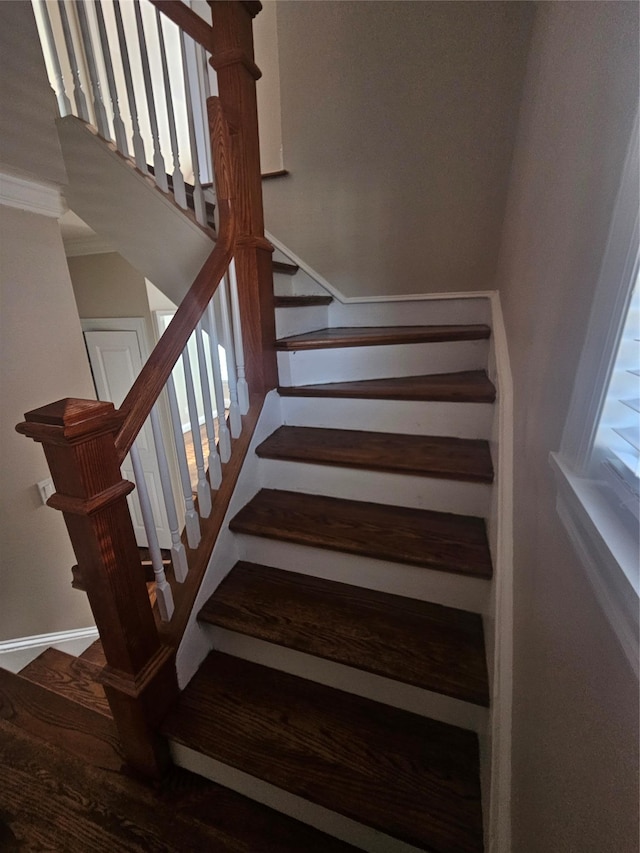 stairs featuring hardwood / wood-style flooring