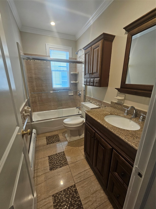 full bathroom featuring vanity, toilet, combined bath / shower with glass door, and ornamental molding