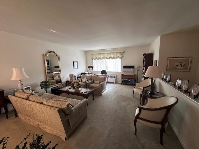 living room featuring carpet flooring and radiator