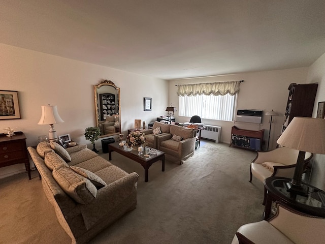 living room featuring radiator heating unit and carpet