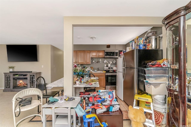 kitchen with light carpet, sink, and stainless steel appliances