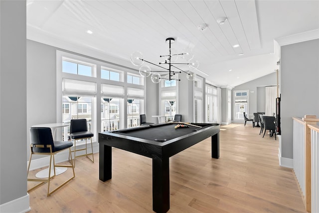 game room with an inviting chandelier, wooden ceiling, light hardwood / wood-style floors, lofted ceiling, and pool table