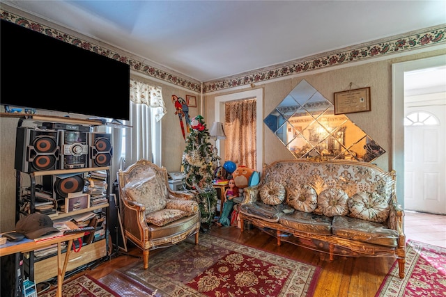 218-25 101st Ave, Queens Village, NY 11429 - living room featuring wallpapered walls and wood finished floors