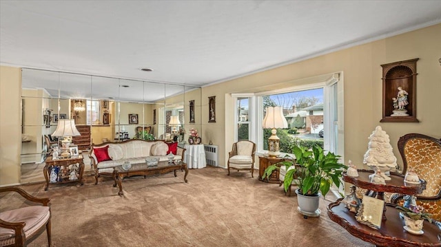 carpeted living room with crown molding and radiator