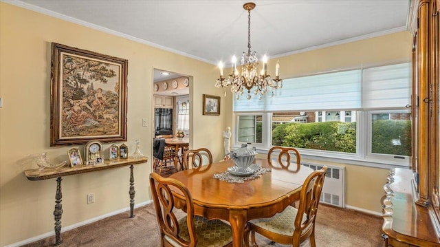 carpeted dining space featuring radiator heating unit, ornamental molding, and a chandelier