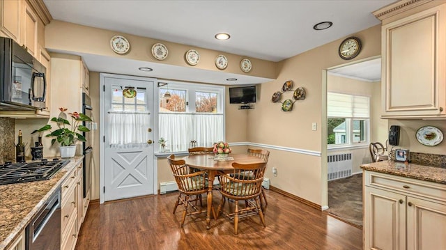 dining room with radiator, a baseboard radiator, and dark hardwood / wood-style floors