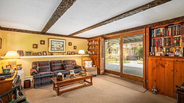 carpeted living room featuring a textured ceiling