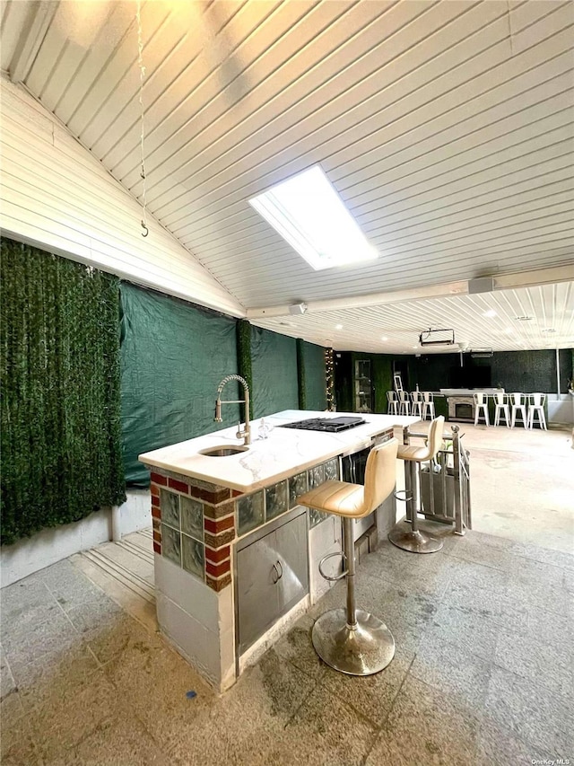 interior space featuring vaulted ceiling with skylight and sink