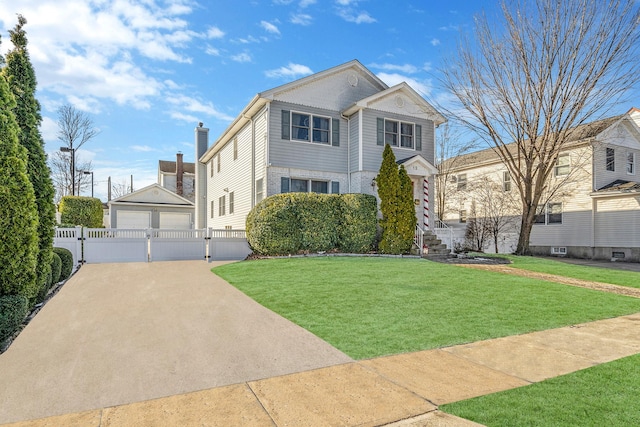 view of front of home featuring a garage, an outdoor structure, and a front yard