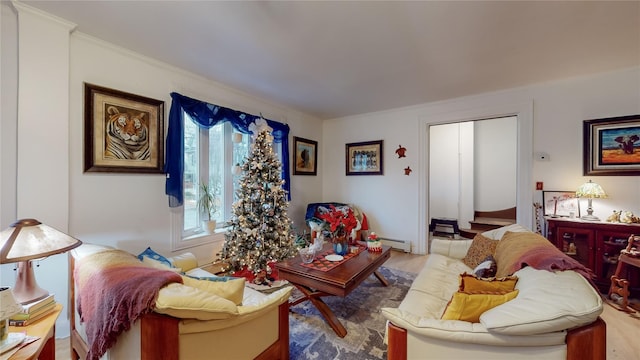 living room with a baseboard radiator