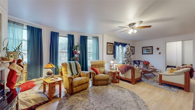 living area featuring ceiling fan and light hardwood / wood-style floors