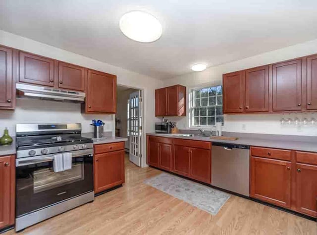 kitchen with sink, stainless steel appliances, and light hardwood / wood-style flooring