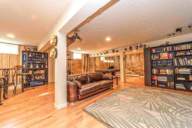 living room featuring billiards and hardwood / wood-style flooring