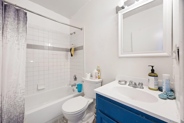 full bathroom featuring shower / bathtub combination with curtain, vanity, and toilet