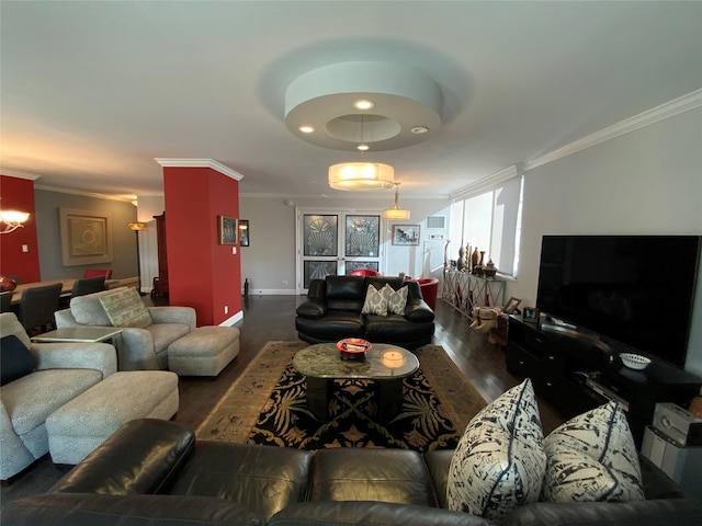 living room with crown molding and dark wood-type flooring