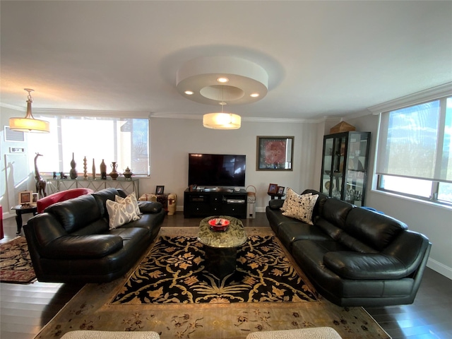 living room featuring wood-type flooring and crown molding