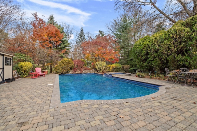 view of swimming pool with a patio area and an in ground hot tub