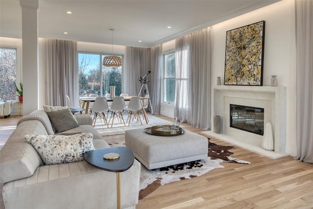 living room featuring a wealth of natural light, ornamental molding, and light wood-type flooring