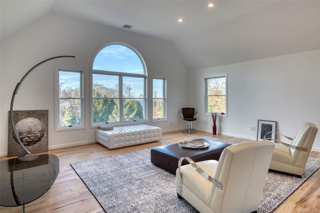 living room featuring light hardwood / wood-style flooring and lofted ceiling