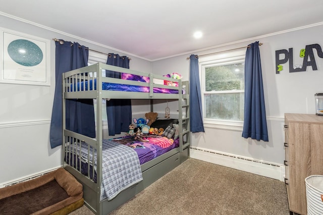 bedroom with carpet, ornamental molding, and a baseboard heating unit