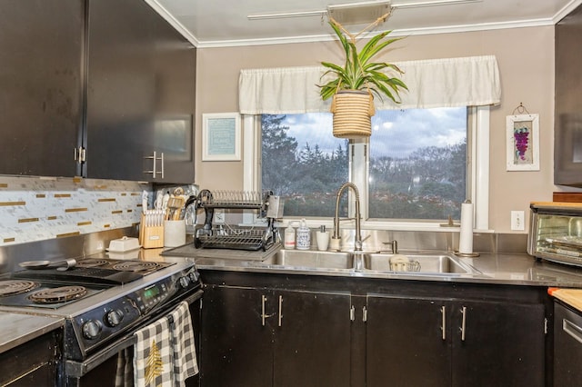 kitchen with backsplash, crown molding, stainless steel counters, sink, and black / electric stove