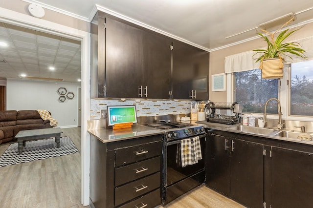 kitchen with light hardwood / wood-style flooring, crown molding, black range oven, and sink