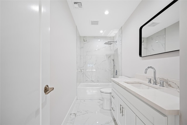 full bathroom featuring tiled shower / bath combo, toilet, and vanity