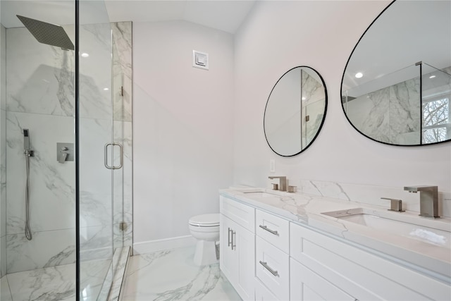 bathroom with vanity, toilet, and a shower with shower door