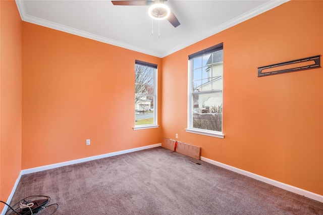 carpeted empty room with ceiling fan and ornamental molding