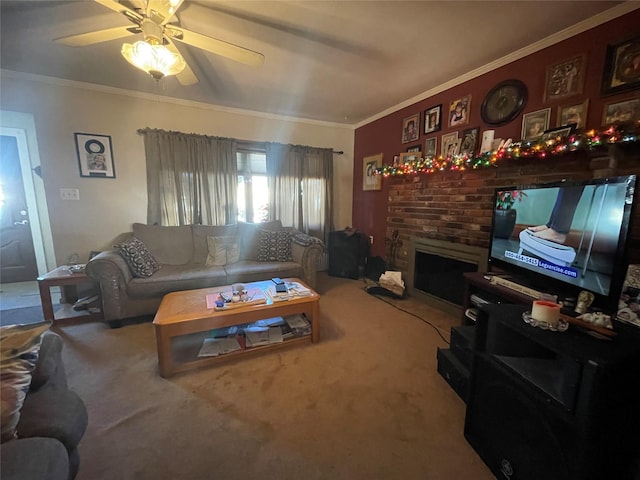 living room featuring a brick fireplace, ceiling fan, carpet, and ornamental molding