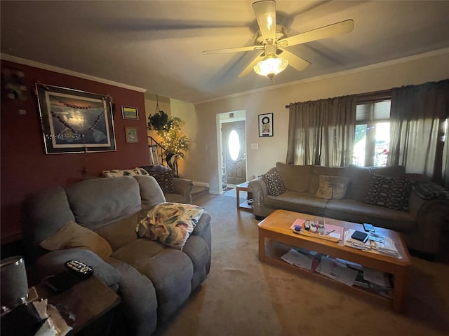 living room featuring light carpet, crown molding, and ceiling fan