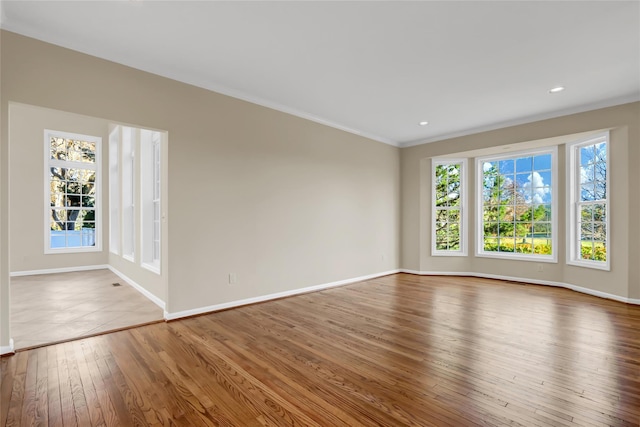 empty room featuring hardwood / wood-style flooring and crown molding