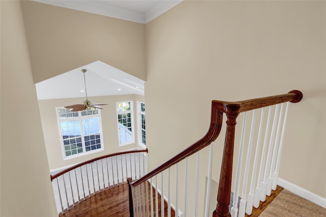 staircase featuring hardwood / wood-style floors, ceiling fan, and crown molding