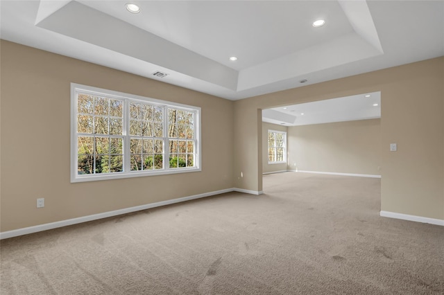 spare room featuring a tray ceiling and carpet