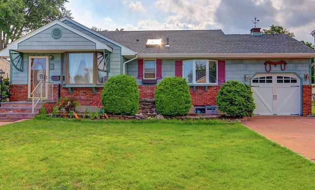 ranch-style home with a garage and a front yard