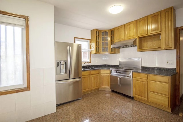 kitchen featuring dark stone countertops, sink, and stainless steel appliances