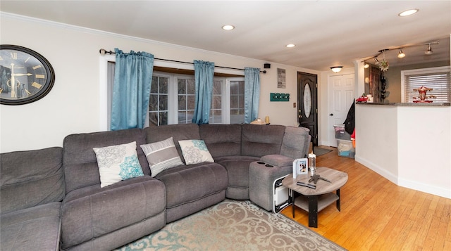 living room featuring hardwood / wood-style flooring and crown molding