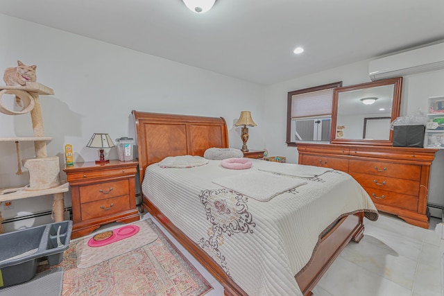 bedroom featuring an AC wall unit and a baseboard radiator