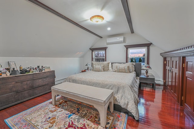 bedroom featuring vaulted ceiling with beams, dark hardwood / wood-style flooring, a baseboard radiator, and a wall mounted AC