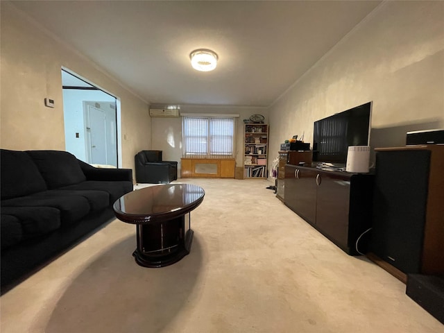 living room featuring a wall mounted air conditioner, carpet floors, and crown molding