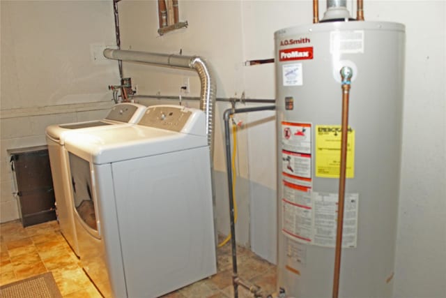 laundry area featuring water heater and washer and dryer